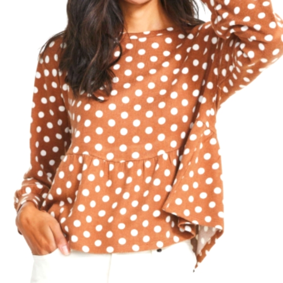 Joe Fresh Jillian| NWT Brown With White Polka Dots Long Sleeve Peplum Shirt - Picture 4 of 17